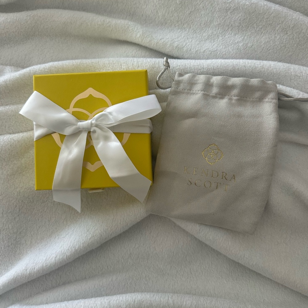 Kendra Scott Yellow Box with White Ribbon and Gray Pouch